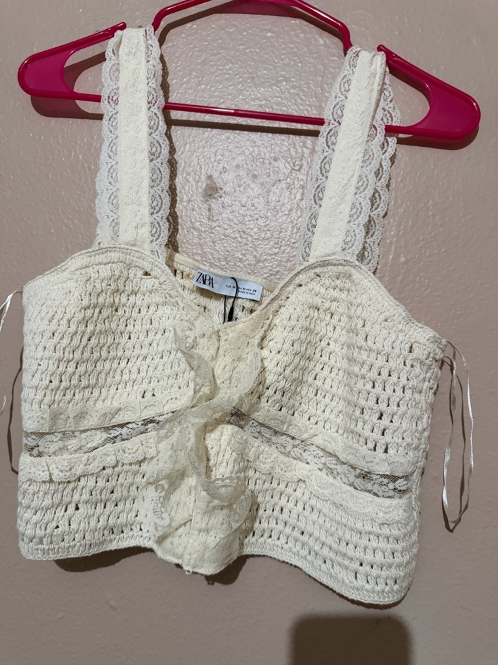 Zara Cream Crochet Lace Tie-Front Crop Top